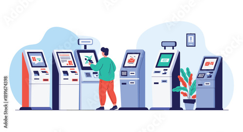 A young man using an interactive self-service payment or information kiosk among a row of different modern terminals.