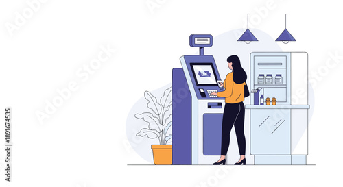 Flat vector illustration of a woman using a self-service payment terminal, making a transaction at an automated checkout kiosk.