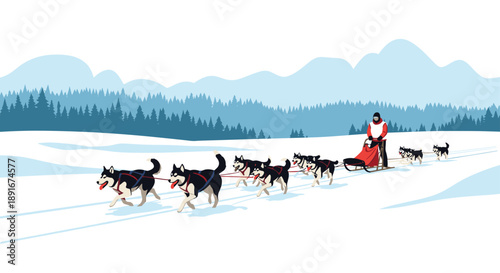 Man mushing a team of Siberian husky dogs on a sled through a snowy winter landscape with mountains and a pine forest.
