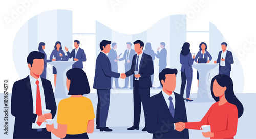 Business people networking and communicating during a corporate event, conference break, or office party with drinks and snacks.