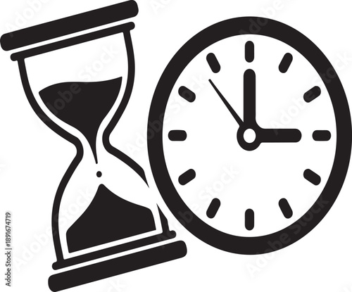 A black and white illustration depicts an hourglass alongside a circular clock symbolizing the concepts of time duration and the passage of moments high-quality