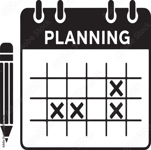 A black silhouette illustration depicts a calendar page labeled planning alongside a pencil with several dates marked with an x high-quality professional detailed modern