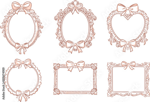 Vintage Frames in sketch style set, Whimsical hand drawn ornamental badge and borders, Antique ornate elegant decorative elements vector illustration in coquette style