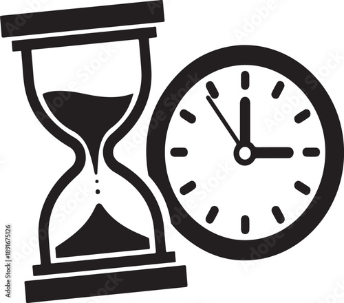 A minimalist black and white graphic depicts an hourglass and a circular clock symbolizing the passage of time and its measurement representing deadlines high-quality
