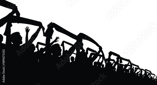 Black silhouette of passionate sports fans holding team scarves high in a stadium grandstand during a football soccer match on white background