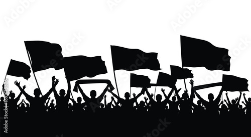 Silhouette of large protest crowd waving flags in unity, representing activism, freedom, political resistance, and social movement concepts on isolated white 