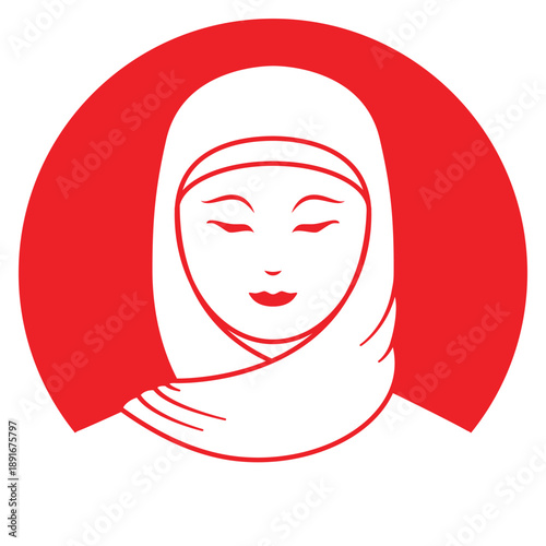 Line art illustration vector of Muslim beautiful lady with head coverings called Hijab drawing in red and white