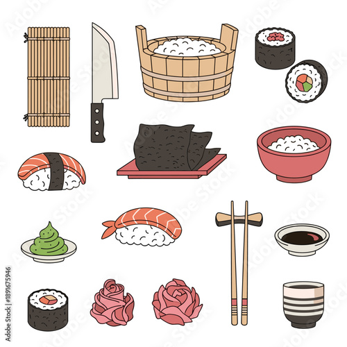 A complete icon set for making and enjoying Japanese sushi, featuring rice, nori, fish, wasabi, soy sauce, and chopsticks.