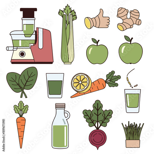 Collection of fresh vegetables and fruits for making healthy juice, including a juicer, celery, ginger, apple, carrot, and beet icons.