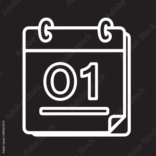 A minimalist white outline illustration depicts a calendar page displaying the first day of the month symbolizing scheduling and timekeeping high-quality professional detailed modern