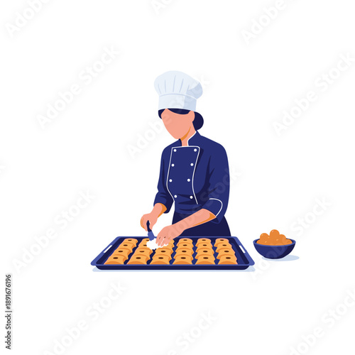 A professional female pastry chef in a blue uniform and toque hat carefully prepares delicious pastries on a large baking sheet.