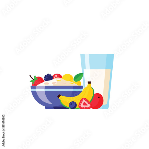 A nutritious and healthy breakfast or Suhoor meal with a bowl of oatmeal, fresh berries, bananas, and a glass of milk.