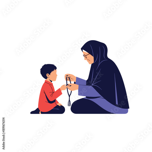 An elderly Muslim grandmother in a hijab teaches her young grandson how to use tasbih prayer beads for dhikr and worship.