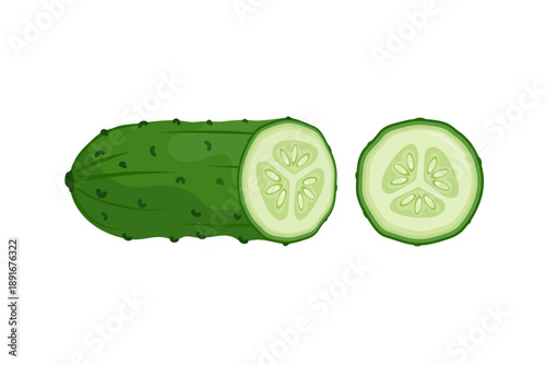 Flat-style cucumber vegetable icon. Half cucumber with a slice. Vector illustration isolated on white background. Healthy eating sign for food design, organic products, and business concepts