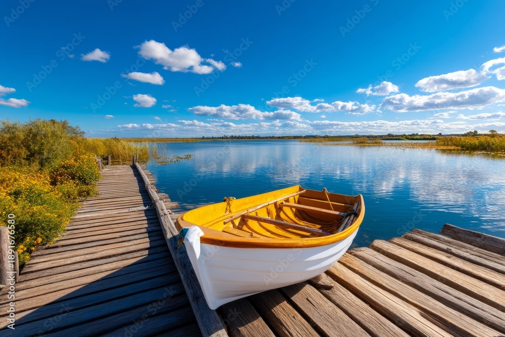 Obraz premium Wooden Boat Tied to Pier Waiting for Departure on Calm Water Under Blue Sky