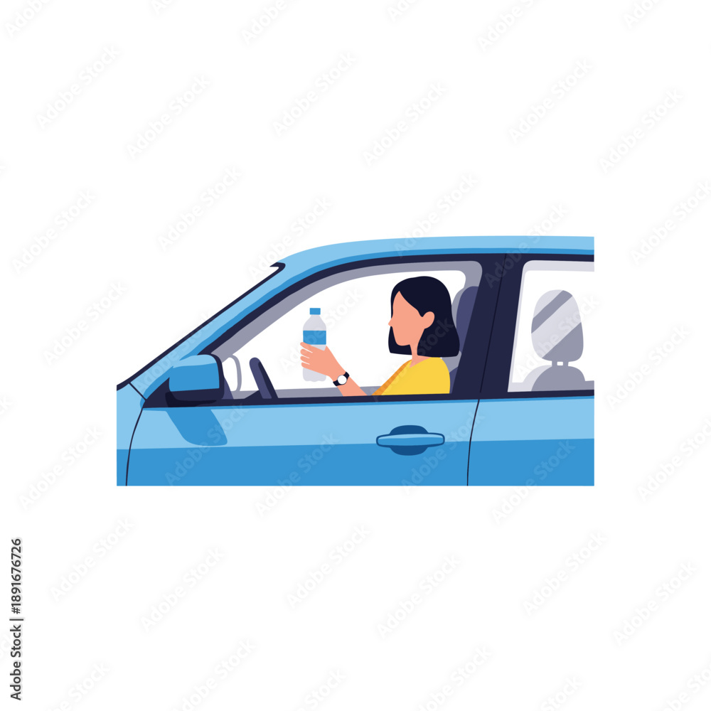 Fototapeta premium A woman with short black hair is shown from the side, driving a blue car while holding a bottle of water to stay hydrated.