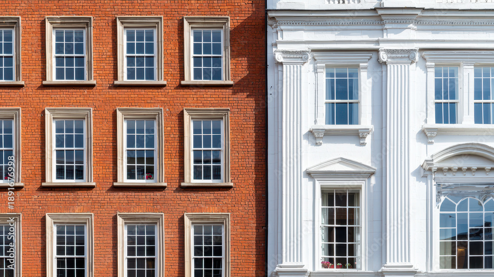 Obraz premium Striking contrast between red brick and white Georgian architecture showcases symmetry and elegance, evoking sense of history and charm