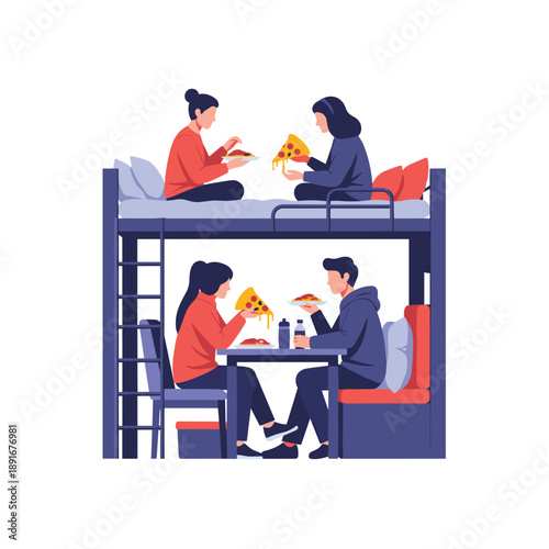 Four young friends are sharing pizza and enjoying each other's company in a modern and cozy dorm room with a bunk bed.