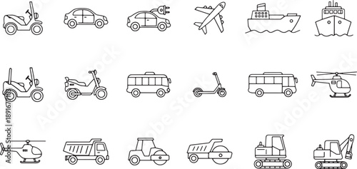 Diverse transportation icons collection cars electric vehicles planes ships buses scooters helicopters