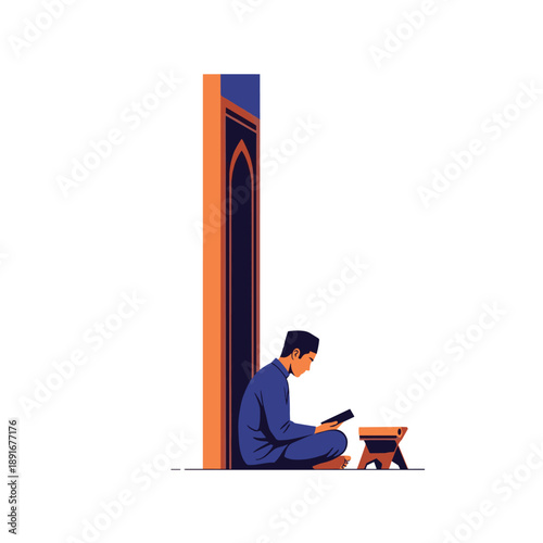 A devout Muslim man sits in a quiet corner next to a Quran stand, deeply absorbed in reading the holy book in solitude.