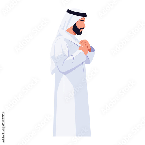 A side profile illustration of a bearded Arab man wearing traditional white thobe, ghutra, and agal on a white background.