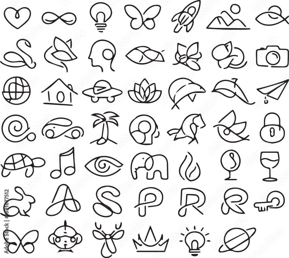 Obraz premium Minimalist continuous one line art icons set for branding and logo design