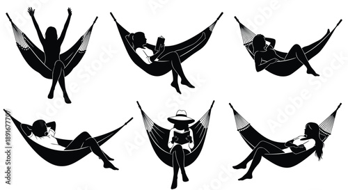 Black and white silhouette vector set of people relaxing in hammocks reading books sleeping and stretching for summer vacation wellness and leisure concept designs