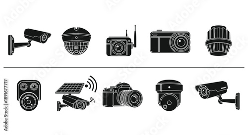 Black and white vector icon set of security surveillance cameras including dome CCTV wireless smart monitoring and digital photography equipment on white background