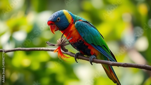 disarranged. A colorful parrot preening a feather on a branch, soft morning light. wildlife magazines, conservation campaigns, designed for eco-tourism storytelling.