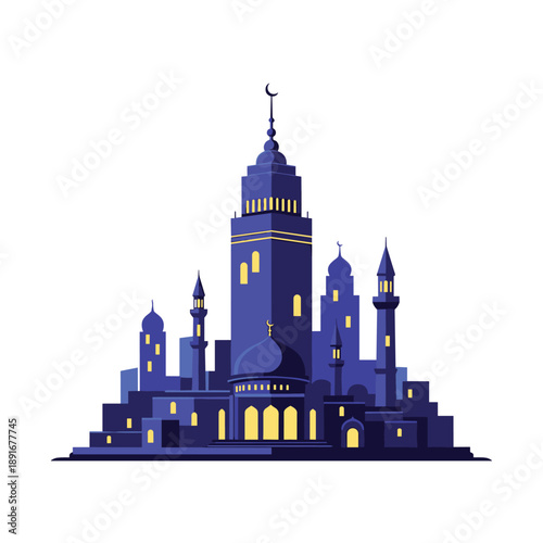 A stylized cityscape of a magical Islamic city at night, with glowing yellow windows, towering minarets, and grand domes.