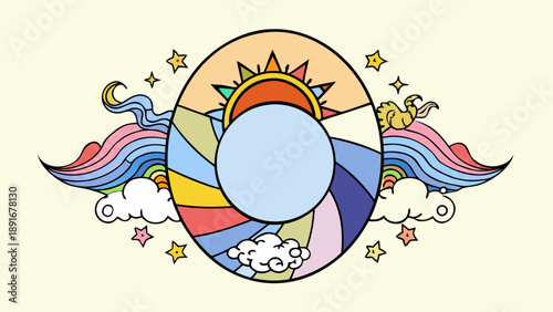 Colorful hot air balloon festival with clouds and stars in vibrant rainbow sky illustration