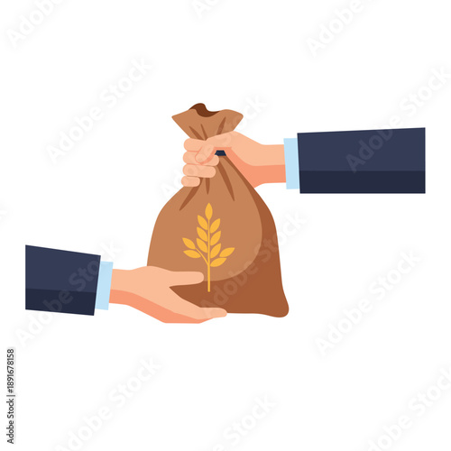 The act of giving Zakat al-Fitr is shown with one hand giving a sack of grain to another hand that is receiving it.