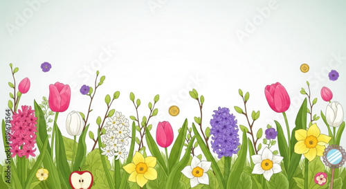 Colorful spring flowers and grass on a white background