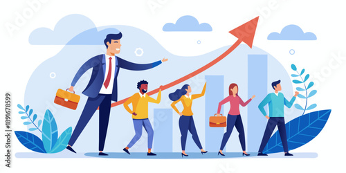 Leadership and team growth strategy with manager leading employees towards financial success represented by rising arrow and bar charts in professional corporate environment design