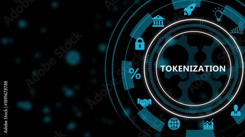 Digital infographic diagram with Tokenization text and technology icons on dark background natural language processing, 4k video