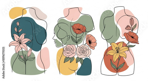 Three abstract floral silhouettes with colorful blooms and leaves