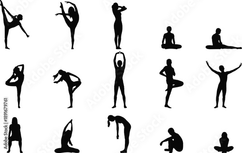 Yoga and Stretching Poses Silhouette Vector Illustration Set for Fitness and Wellness Design