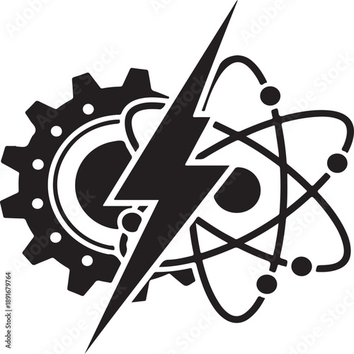 This striking black silhouette depicts a fusion of mechanical and atomic elements showcasing a gear lightning bolt and atomic structure high-quality professional detailed modern