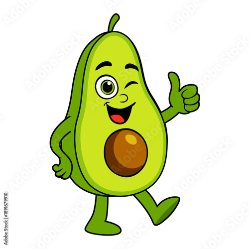 Playful cartoon avocado character with expressive face, winking eye, and thumbs-up gesture. Perfect for children’s educational content, healthy eating campaigns, or fun food-themed illustrations.