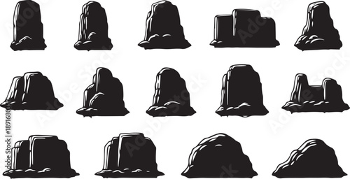 Collection of various black rock formations on white background