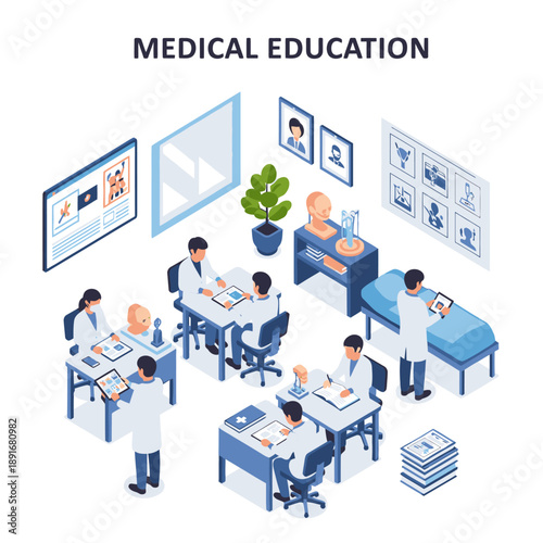 Medical students learning in a modern educational setting with technology.