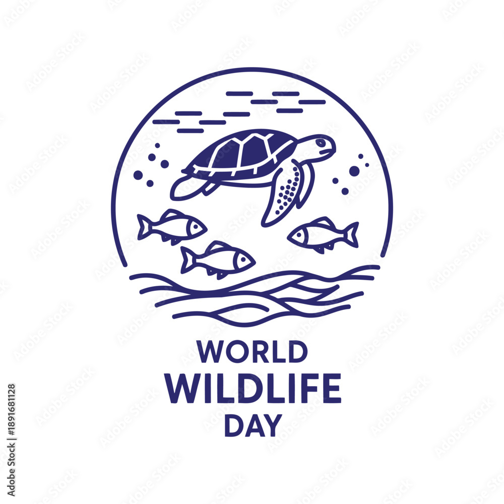 Fototapeta premium World Wildlife Day vector illustration with sea turtle and fish in ocean line art style