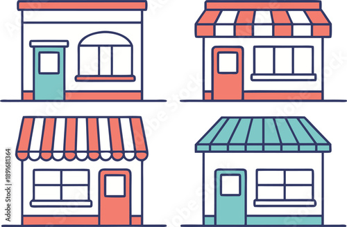 Vector illustration of a modern retail shop store building with a blue awning and glass window facade on a city street