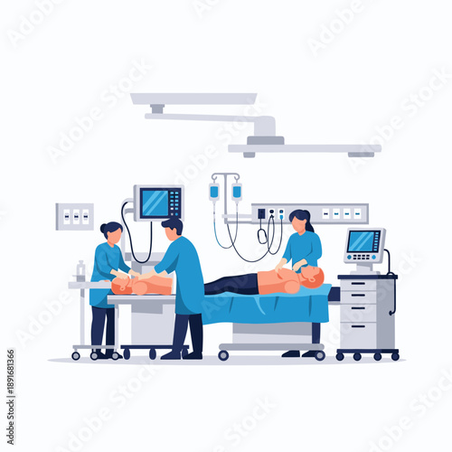 Medical professionals performing surgery in a modern hospital operating room.