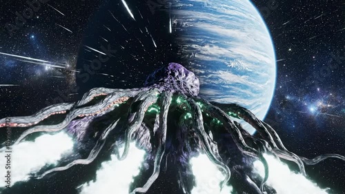 Sweeping aerial shot flying over a gargantuan living space organism covered in pulsating alien tentacles moving toward a distant planet organism, fi, flying