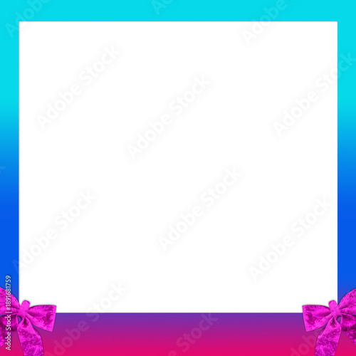 abstract white background in a blue and pink frame. Two pink ribbons placed in the bottom, left, and right of the frame, object, paper, copy space