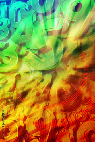 top view abstract red lines and colorful and light overlay numbers on gradient green and red background, maths, decor, fashion, business, copy space