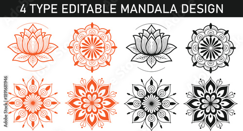 Mandala designs lotus flowers and abstract patterns in orange and black on white background for graphic design and decoration  various traditional indian and asian inspired motifs