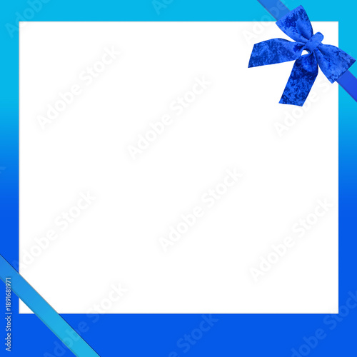 White background in a blue frame. Blue ribbon placed on the top right corner of the frame.