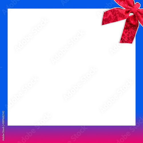 White paper in a gradient blue and pinkk frame. large red ribbon placed on the top right corner of the frame, object, decor, love, gift